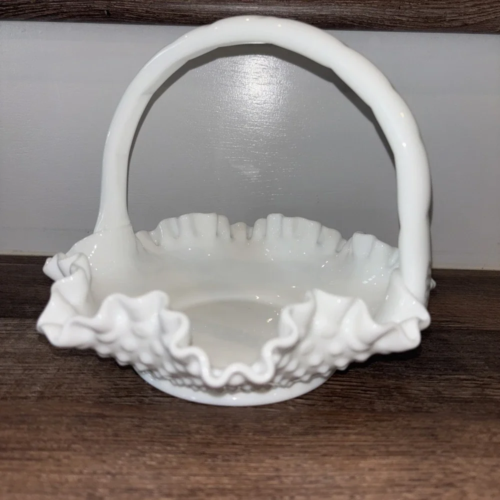 Vintage Fenton Hobnail White Milk Glass Ruffled Edges Basket with Handle